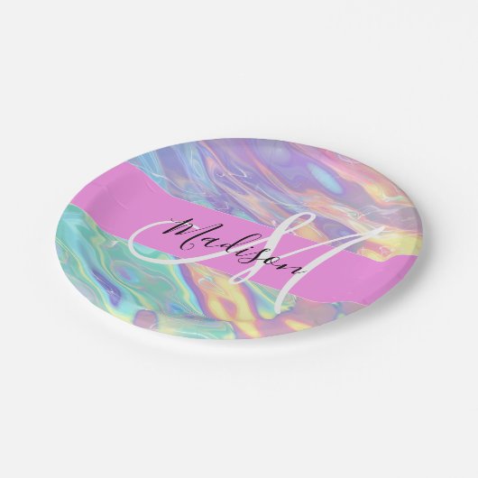 Girly roze holografische iriserende monogram naam papieren bordje (Gekanteld)