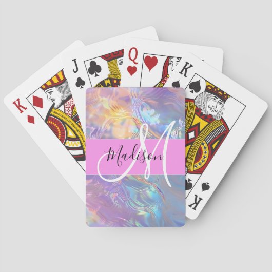 Girly roze holografische iriserende monogram naam pokerkaarten (Achterkant)