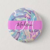 Girly roze holografische iriserende monogram naam ronde button 5,7 cm (Voorkant)