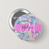 Girly roze holografische iriserende monogram naam ronde button 5,7 cm (Voorkant /achterkant)