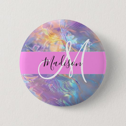 Girly roze holografische iriserende monogram naam ronde button 5,7 cm (Voorkant)