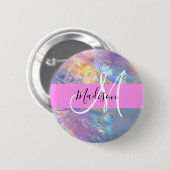 Girly roze holografische iriserende monogram naam ronde button 5,7 cm (Voorkant /achterkant)