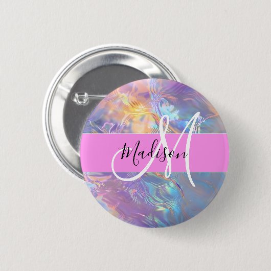 Girly roze holografische iriserende monogram naam ronde button 5,7 cm (Voorkant /achterkant)