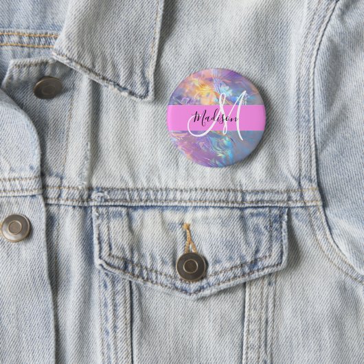 Girly roze holografische iriserende monogram naam ronde button 5,7 cm (In situ)