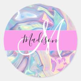 Girly roze holografische iriserende monogram naam ronde sticker