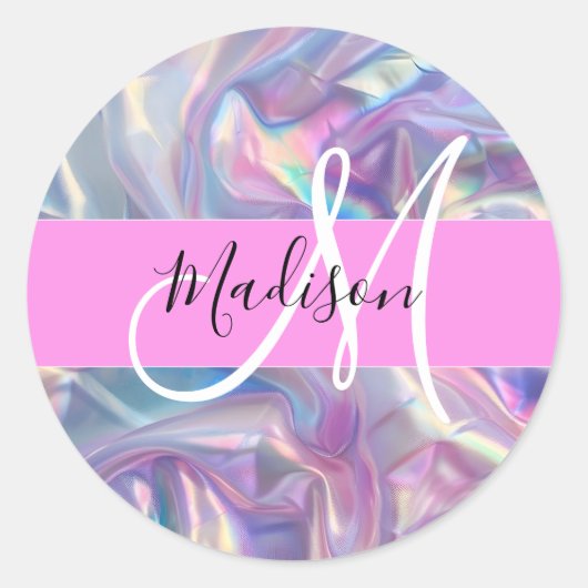 Girly roze holografische iriserende monogram naam ronde sticker (Voorkant)