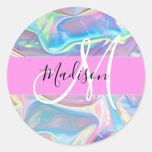 Girly roze holografische iriserende monogram naam ronde sticker (Voorkant)