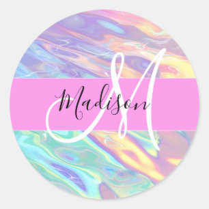 Girly roze holografische iriserende monogram naam ronde sticker