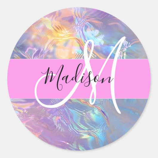 Girly roze holografische iriserende monogram naam ronde sticker (Voorkant)