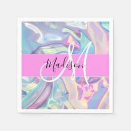 Girly roze holografische iriserende monogram naam servet