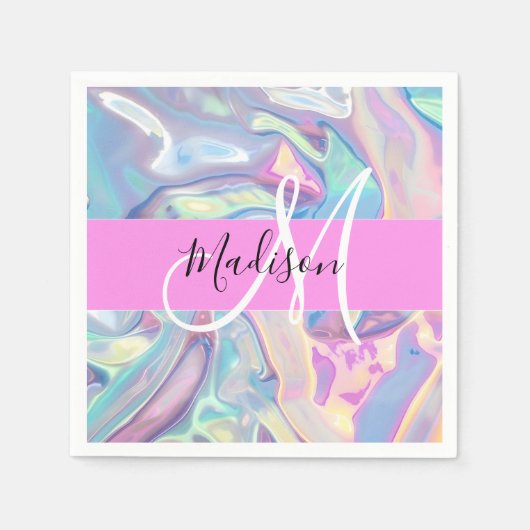Girly roze holografische iriserende monogram naam servet (Voorkant)