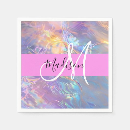 Girly roze holografische iriserende monogram naam servet (Voorkant)