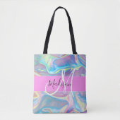 Girly roze holografische iriserende monogram naam tote bag (Voorkant)