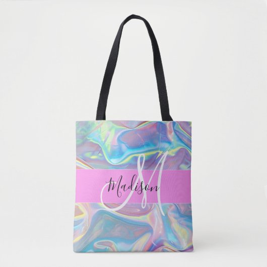 Girly roze holografische iriserende monogram naam tote bag (Voorkant)