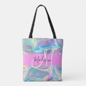 Girly roze holografische iriserende monogram naam tote bag (Achterkant)