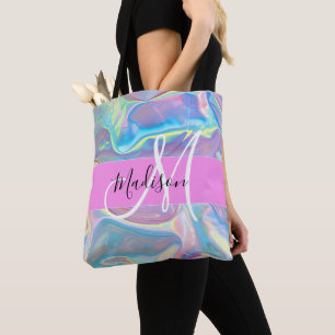 Girly roze holografische iriserende monogram naam tote bag