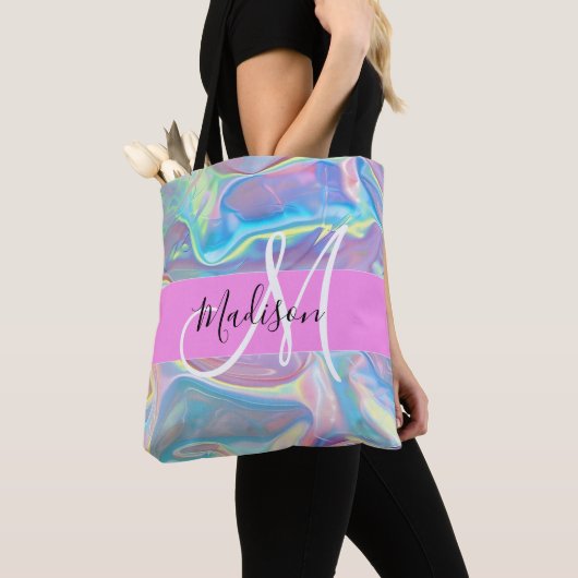 Girly roze holografische iriserende monogram naam tote bag (Dichtbij)