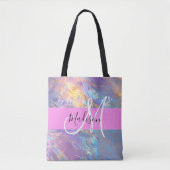 Girly roze holografische iriserende monogram naam tote bag (Voorkant)