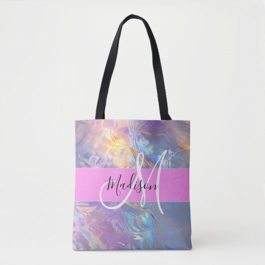 Girly roze holografische iriserende monogram naam tote bag (Voorkant)