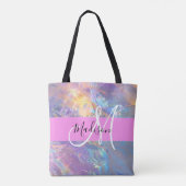 Girly roze holografische iriserende monogram naam tote bag (Achterkant)