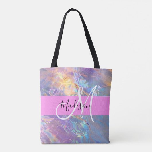 Girly roze holografische iriserende monogram naam tote bag (Achterkant)