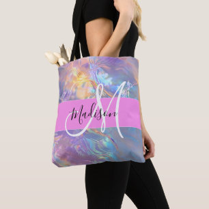 Girly roze holografische iriserende monogram naam tote bag
