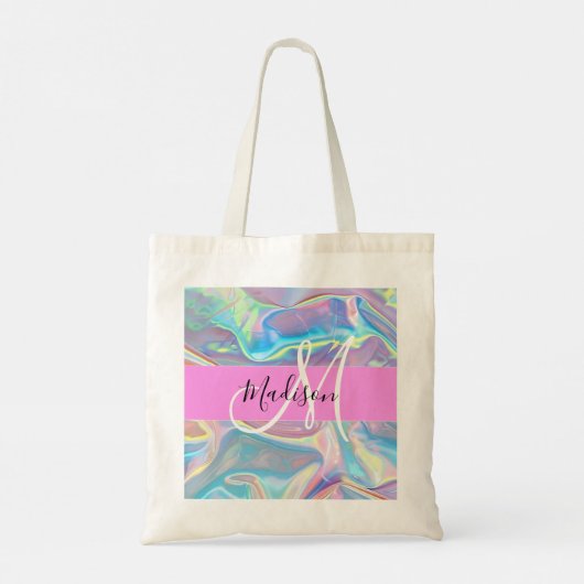 Girly roze holografische iriserende monogram naam tote bag (Achterkant)