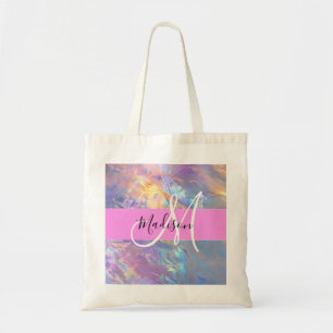 Girly roze holografische iriserende monogram naam tote bag