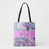 Girly roze holografische iriserende monogram naam tote bag (Voorkant)