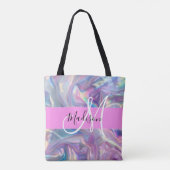 Girly roze holografische iriserende monogram naam tote bag (Achterkant)