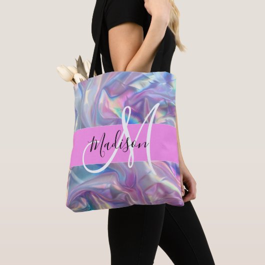 Girly roze holografische iriserende monogram naam tote bag (Dichtbij)