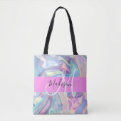 Girly roze holografische iriserende monogram naam tote bag (Voorkant)