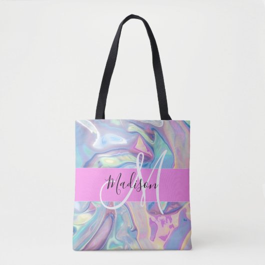 Girly roze holografische iriserende monogram naam tote bag (Voorkant)