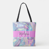 Girly roze holografische iriserende monogram naam tote bag (Achterkant)