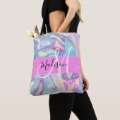 Girly roze holografische iriserende monogram naam tote bag (Dichtbij)