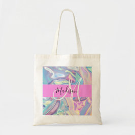 Girly roze holografische iriserende monogram naam tote bag