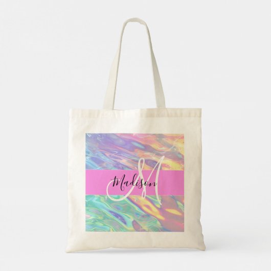 Girly roze holografische iriserende monogram naam tote bag (Achterkant)