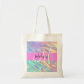 Girly roze holografische iriserende monogram naam tote bag (Voorkant)