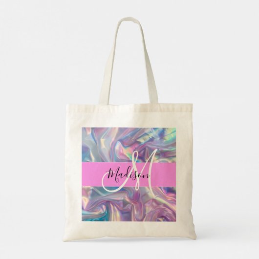 Girly roze holografische iriserende monogram naam tote bag (Achterkant)
