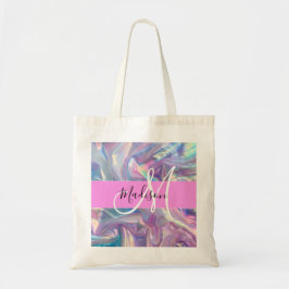 Girly roze holografische iriserende monogram naam tote bag