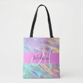 Girly roze holografische iriserende monogram naam tote bag (Voorkant)