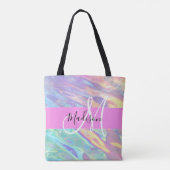 Girly roze holografische iriserende monogram naam tote bag (Achterkant)