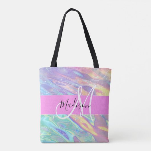 Girly roze holografische iriserende monogram naam tote bag (Achterkant)