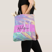 Girly roze holografische iriserende monogram naam tote bag (Dichtbij)