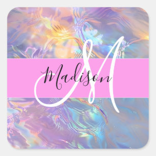 Girly roze holografische iriserende monogram naam vierkante sticker
