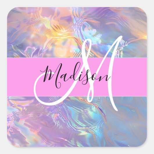 Girly roze holografische iriserende monogram naam vierkante sticker (Voorkant)