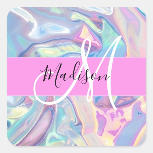 Girly roze holografische iriserende monogram naam vierkante sticker (Voorkant)