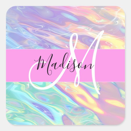 Girly roze holografische iriserende monogram naam vierkante sticker (Voorkant)