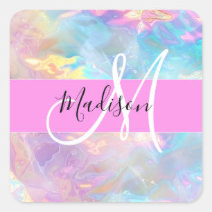 Girly roze holografische iriserende monogram naam vierkante sticker