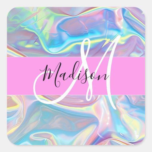 Girly roze holografische iriserende monogram naam vierkante sticker (Voorkant)